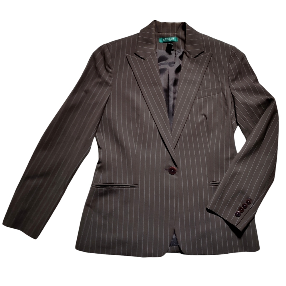 Ralph Lauren Brown w/Cream Pin Stripe Wool Blazer Size 6 Petite